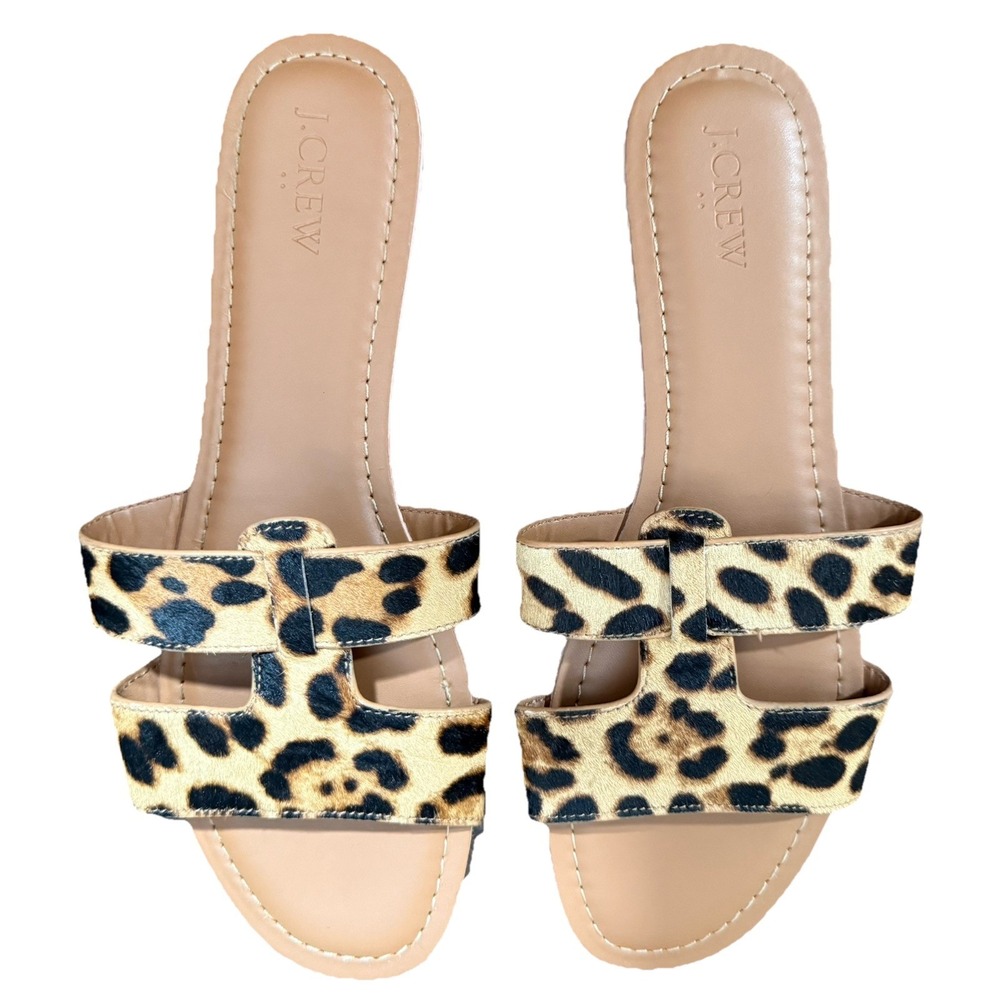 J Crew Calf Hair Leopard Beachside Slides Sandals Womens Size 10 Summer Beach‎